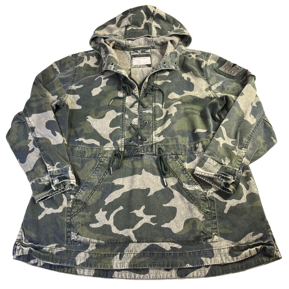 We The Free Pullover Camo Lace Up Beaded Patch Large Oversized Military Utility